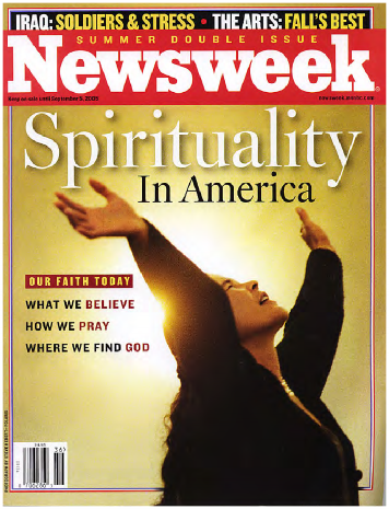 Cover of Newsweek magazine with Spirituality in America and a photograph of a person with their arms upstretched in front of the sun