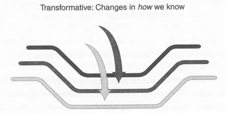 Illustration labelled Transformative: Changes in how we know. Shows two arrows pointing down and three lines in different shades of grey.