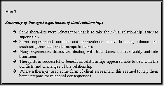 Text box 2 listing a summary of therapist experiences of dual relationships