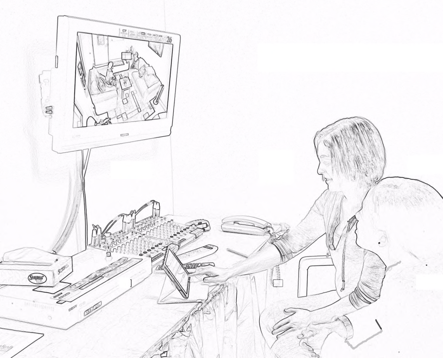 photo illustration of two people sitting a desk with a monitor showing the room that is shown in figure 1