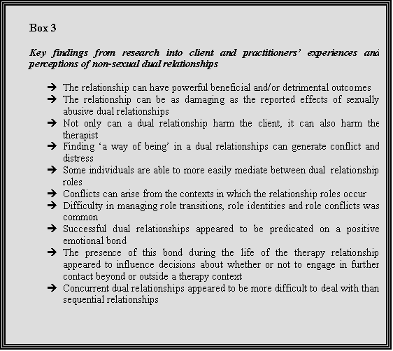 Text box 3 listing key findings from research into client and practitioners' experiences and perceptions of non-sexual dual relationships