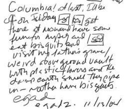 Hand written note that starts with Columnbia!