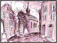 drawing of a street with buildings on either side