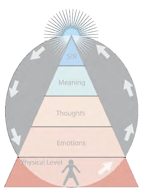 Pyramid with sections labelled from bottom to top, Physical level, emotions, thoughts, meaning, s/r. The bottom has an outline of a person. There is a grey circle overlay with arrows going counter clockwise
